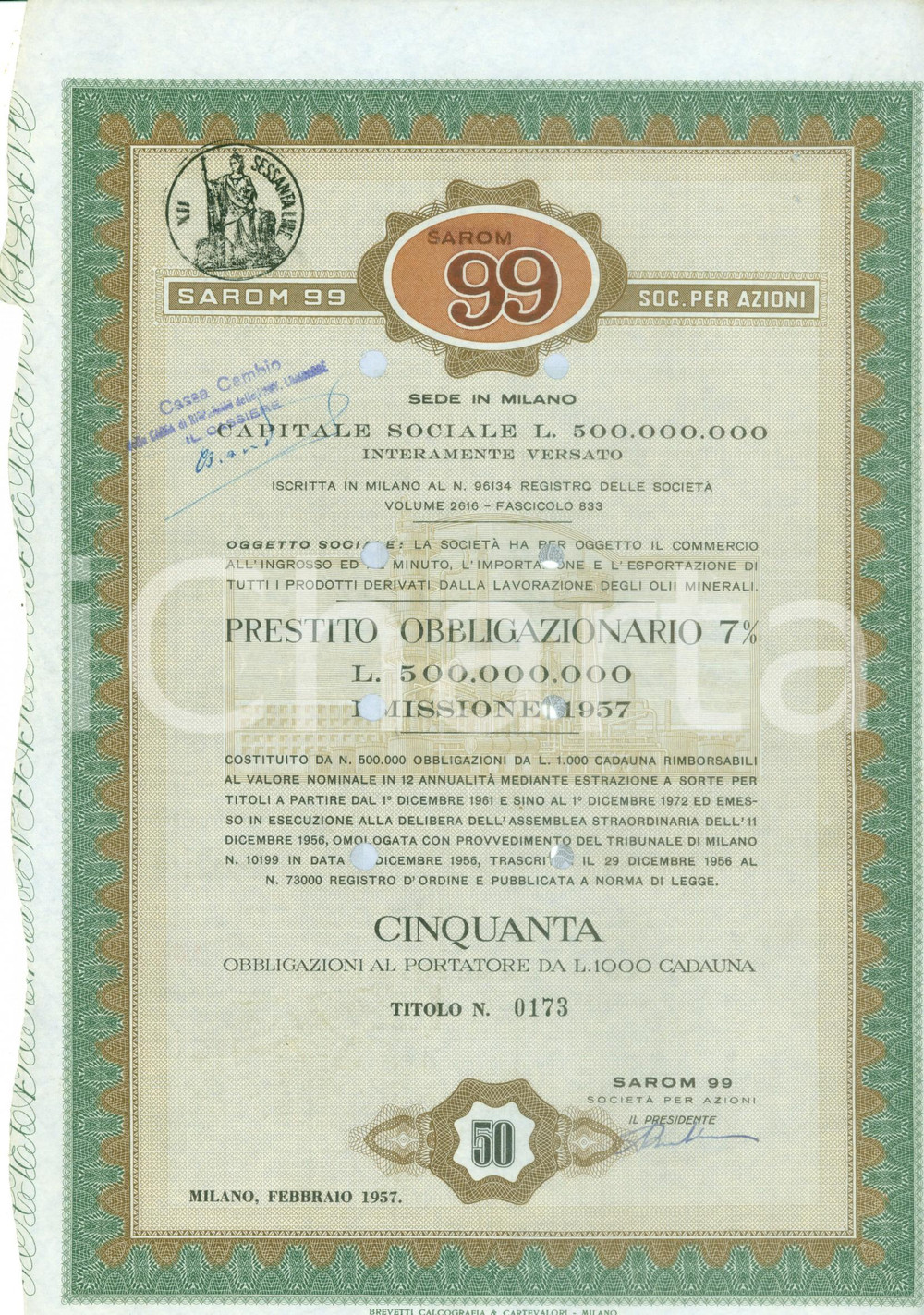 Oggetto da collezione cartaceo 1957 MILANO Società SAROM 99 Obbligazione con 26 CEDOLE non riscosse 1 1