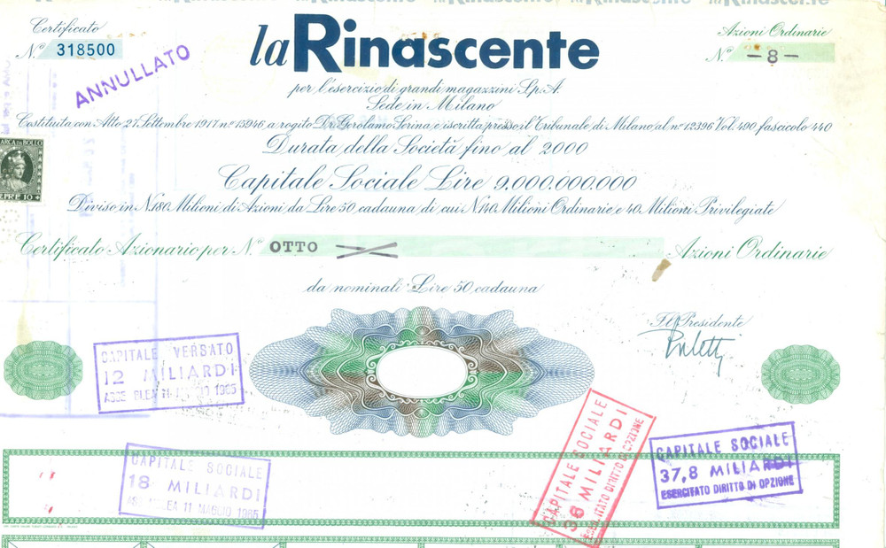 Oggetto da collezione cartaceo 1964 MILANO LA RINASCENTE Certificato azionario per otto Azioni ordinarie 1