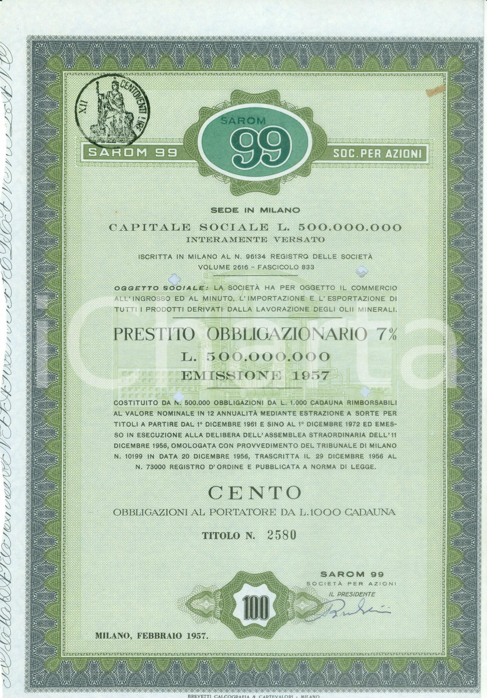 Oggetto da collezione cartaceo 1957 MILANO Società SAROM 99 Obbligazione da cento *26 CEDOLE non riscosse 1