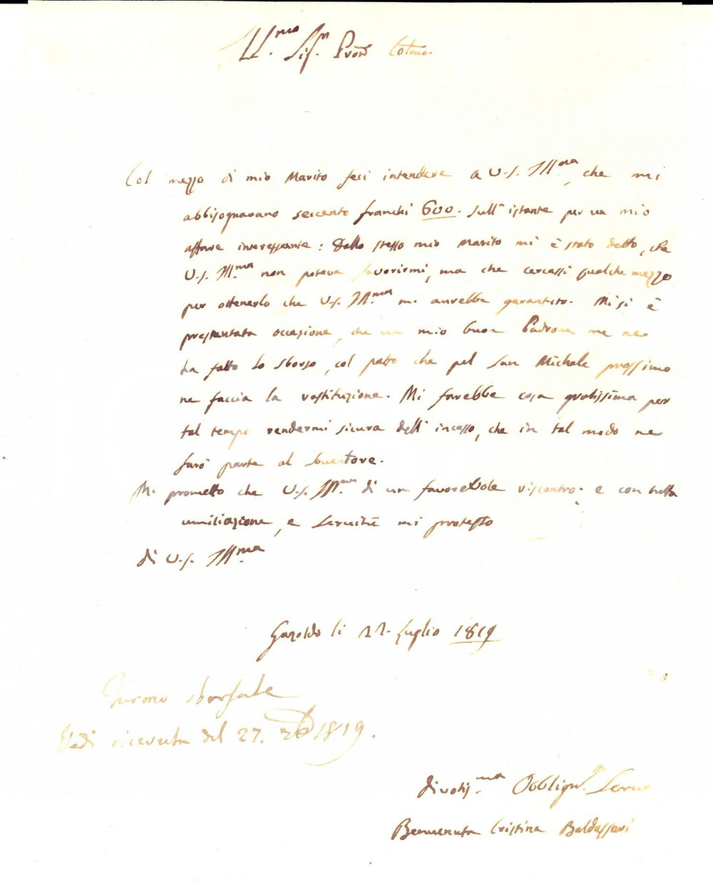 Documento originale, autentico 1819 GAZOLDO DEGLI IPPOLITI MN Cristina Benvenuta BALDASSARI chiede prestito 1