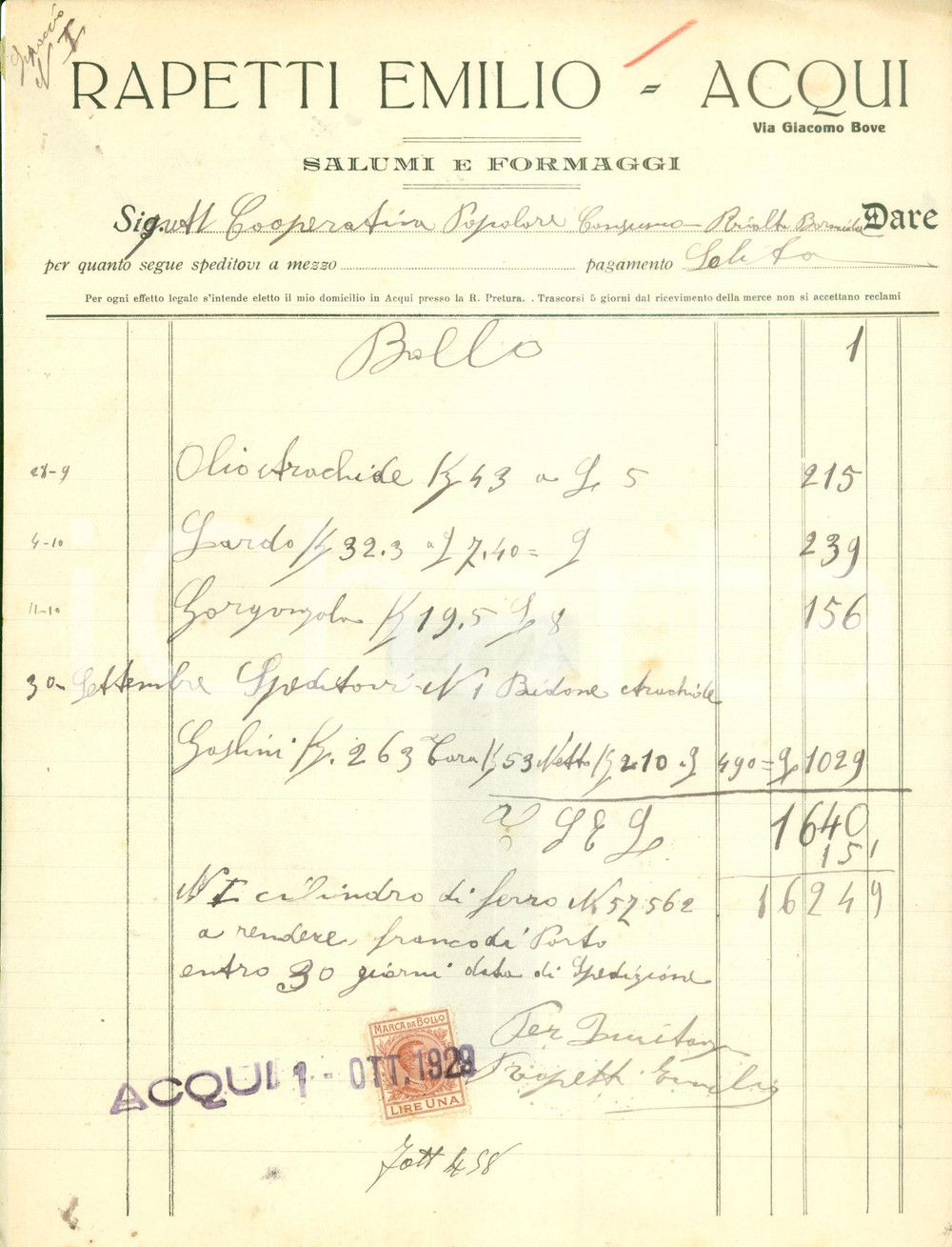 Documento originale, autentico 1929 ACQUI TERME (AL) Emilio RAPETTI Salumi e formaggi *Fattura commerciale 1