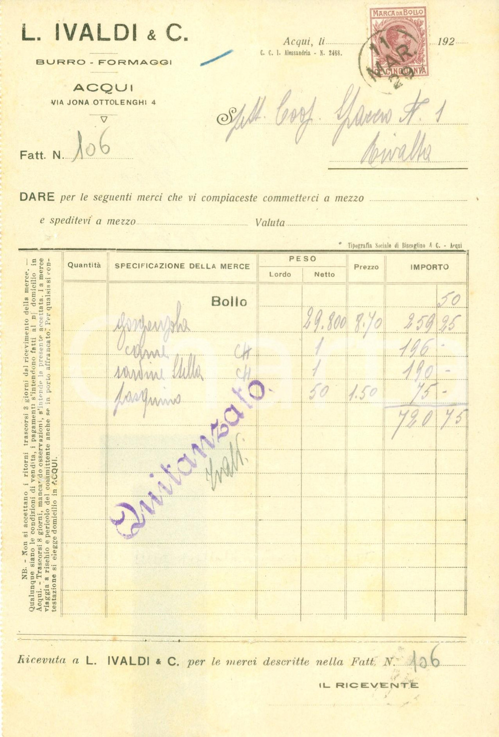 Documento originale, autentico 1929 ACQUI TERME (AL) Ditta IVALDI & C. Burro formaggi *Fattura commerciale 1