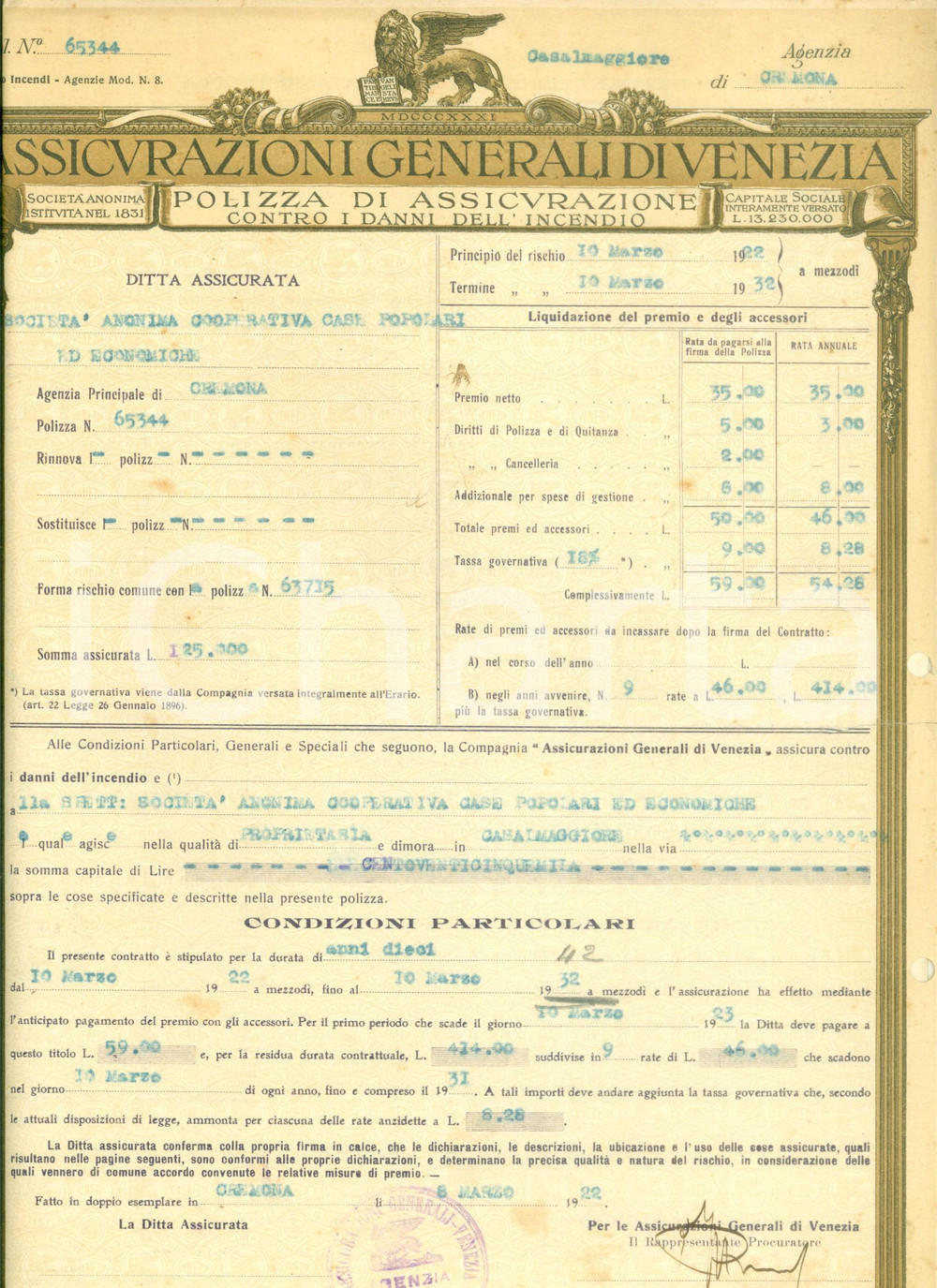 Documento originale, autentico 1922 ASSICURAZIONI GENERALI VENEZIA Polizza assicurativa danni dell'incendio 1