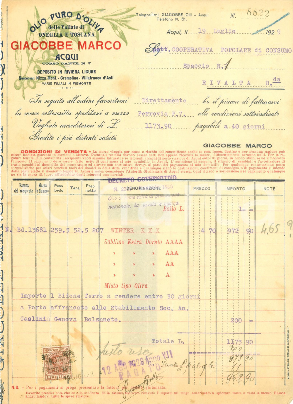 Documento originale, autentico 1929 ACQUI TERME (AL) Marco GIACOBBE Olio d'oliva ONEGLIA e TOSCANA *Fattura 1