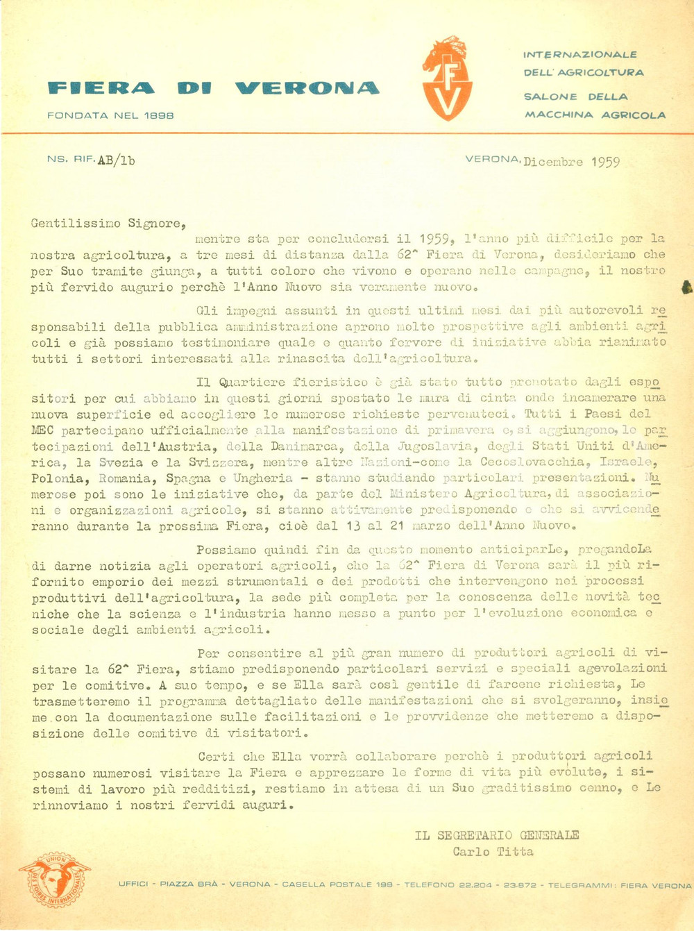Documento originale, autentico 1959 VERONA La 62Â° Fiera sarÃ  il piÃ¹ rifornito emporio agricolo Lettera 1