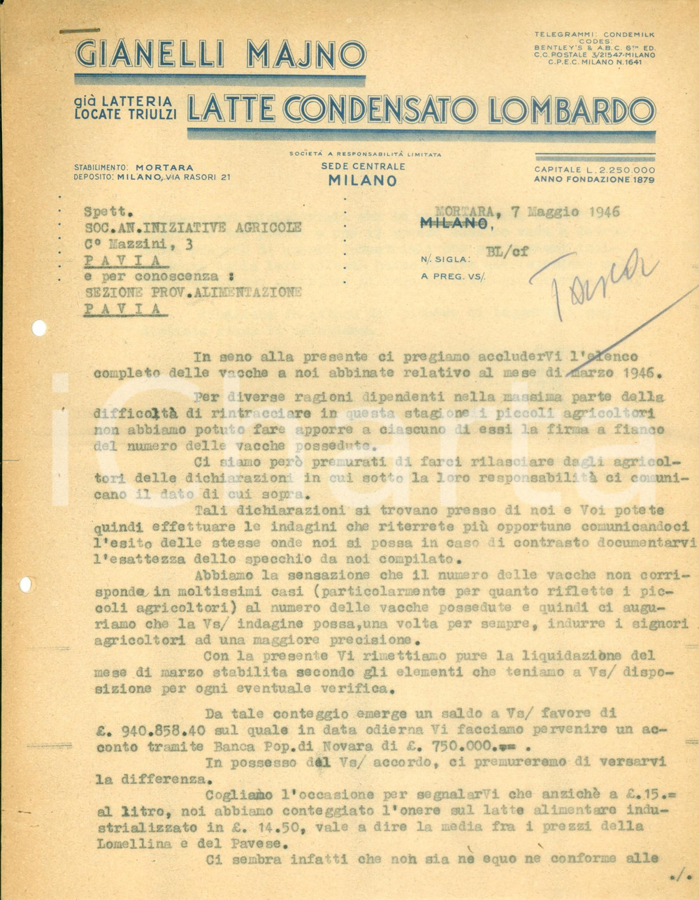 Documento originale, autentico 1946 MORTARA (PV) Latte condensato Lombardo GIANELLI MAJNO giÃ  LOCATE TRIULZI 1