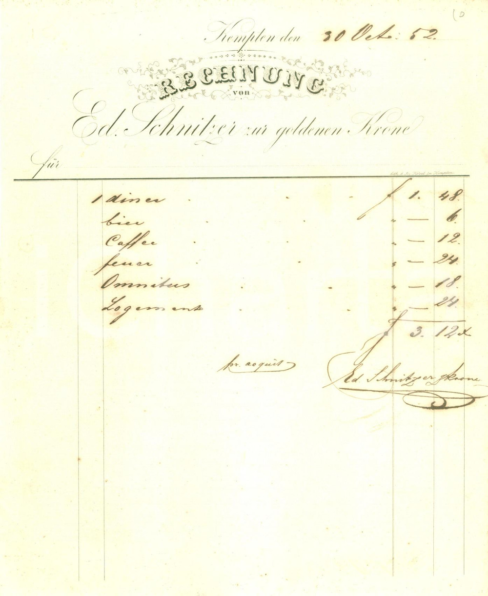 Documento originale, autentico 1853 GERMANIA Conto del droghiere Eduard SCHNITZER *Fattura manoscritta 1