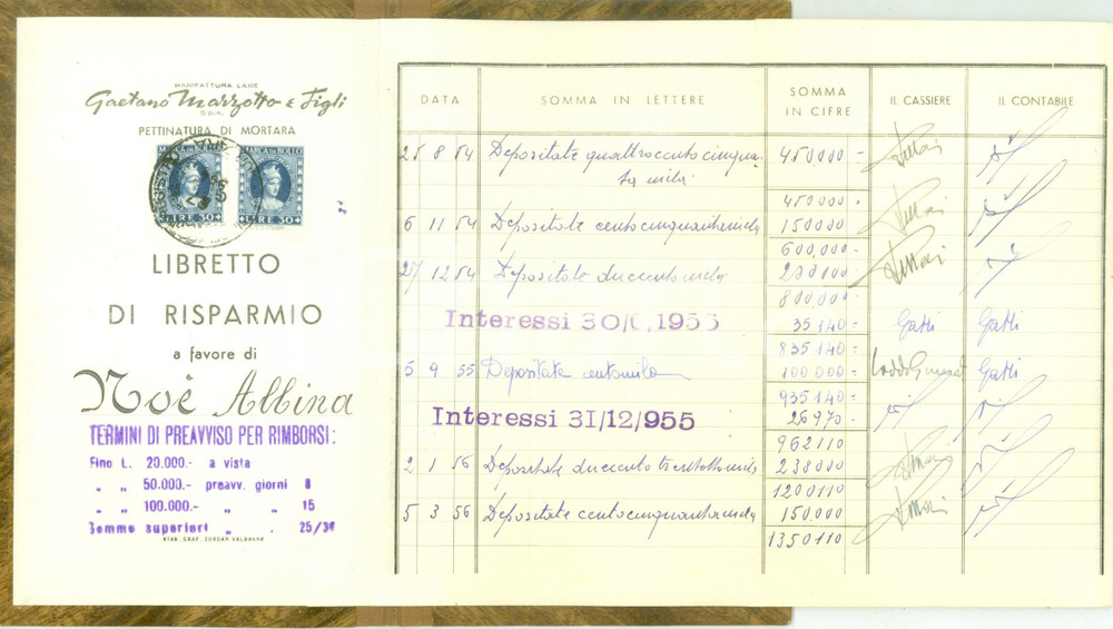Documento originale, autentico 1954-1959 MORTARA (PV) Libretto di risparmio Albina NOE' Lane MARZOTTO 1