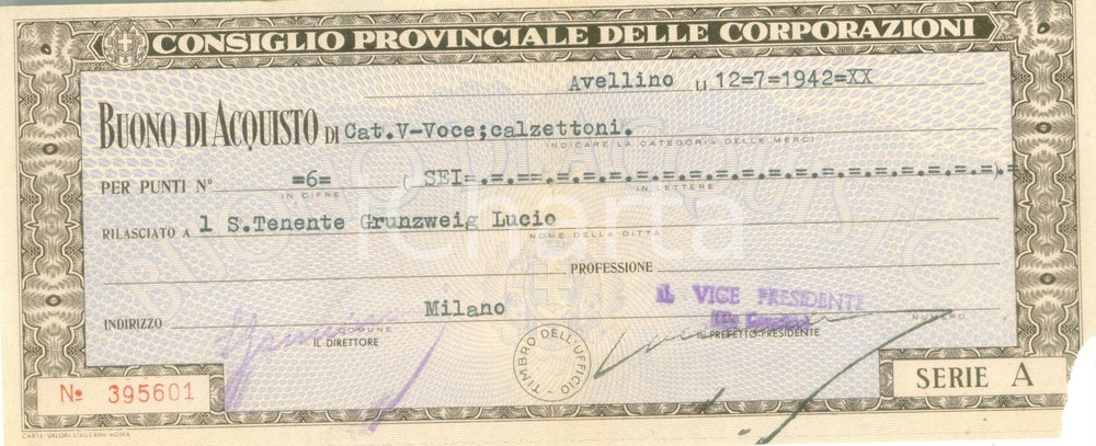 Documento originale, autentico 1942 AVELLINO Consiglio Corporazioni Buono acquisto calzettoni Lucio GRUNZWEIG 1