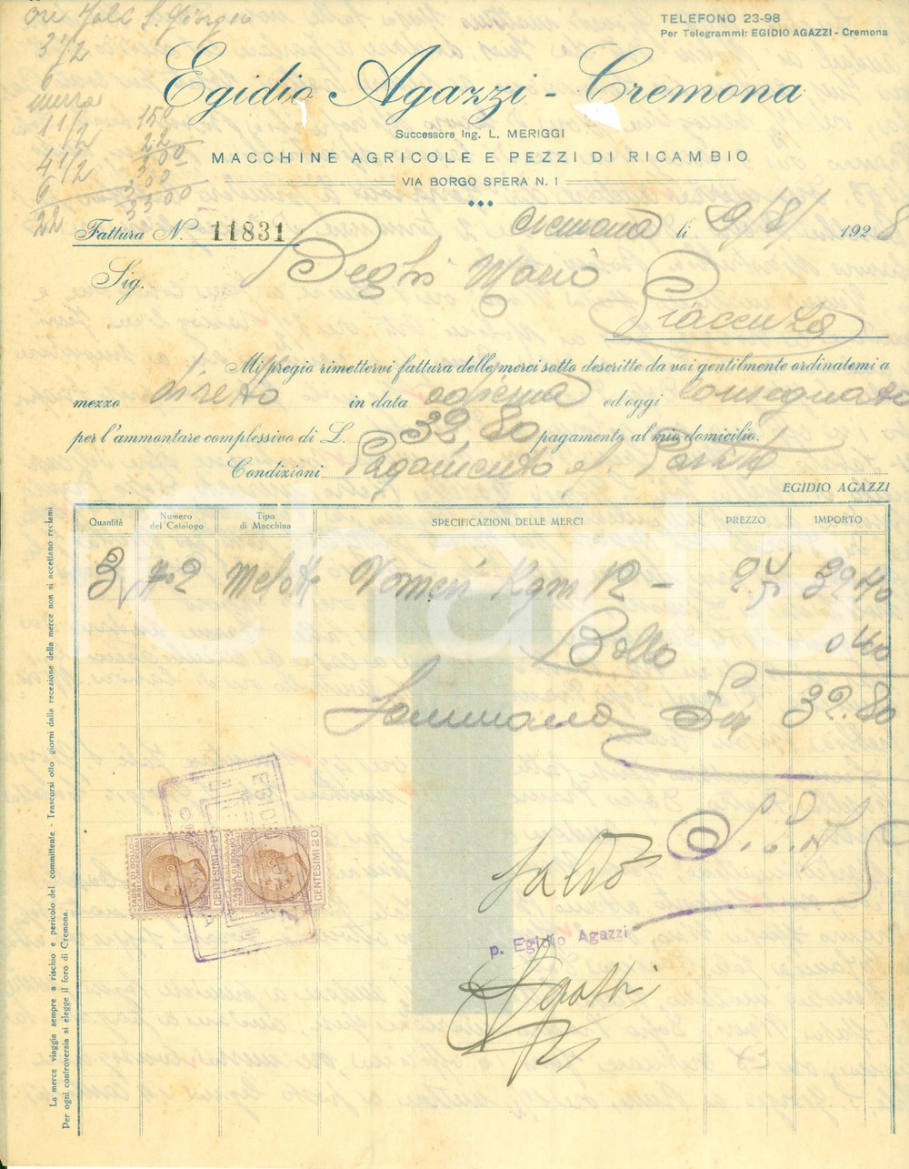Documento originale, autentico 1928 CREMONA Egidio AGARZI Macchine agricole e pezzi di ricambio *Fattura 1