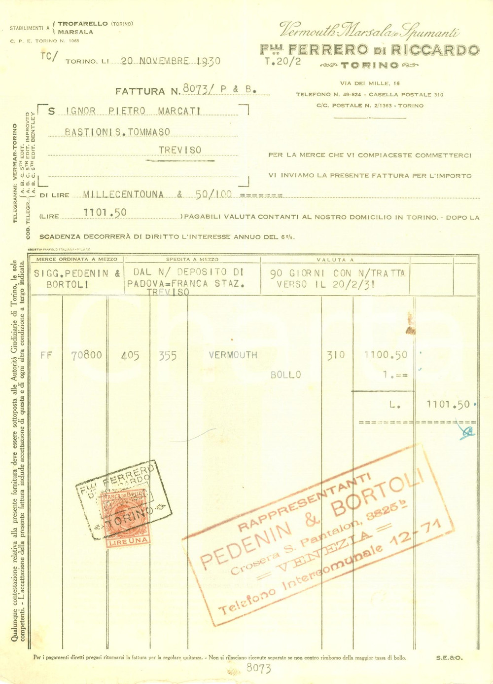 Documento originale, autentico 1930 TORINO Vermouth Marsala Spumanti F.lli FERRERO di Riccardo *Fattura 1