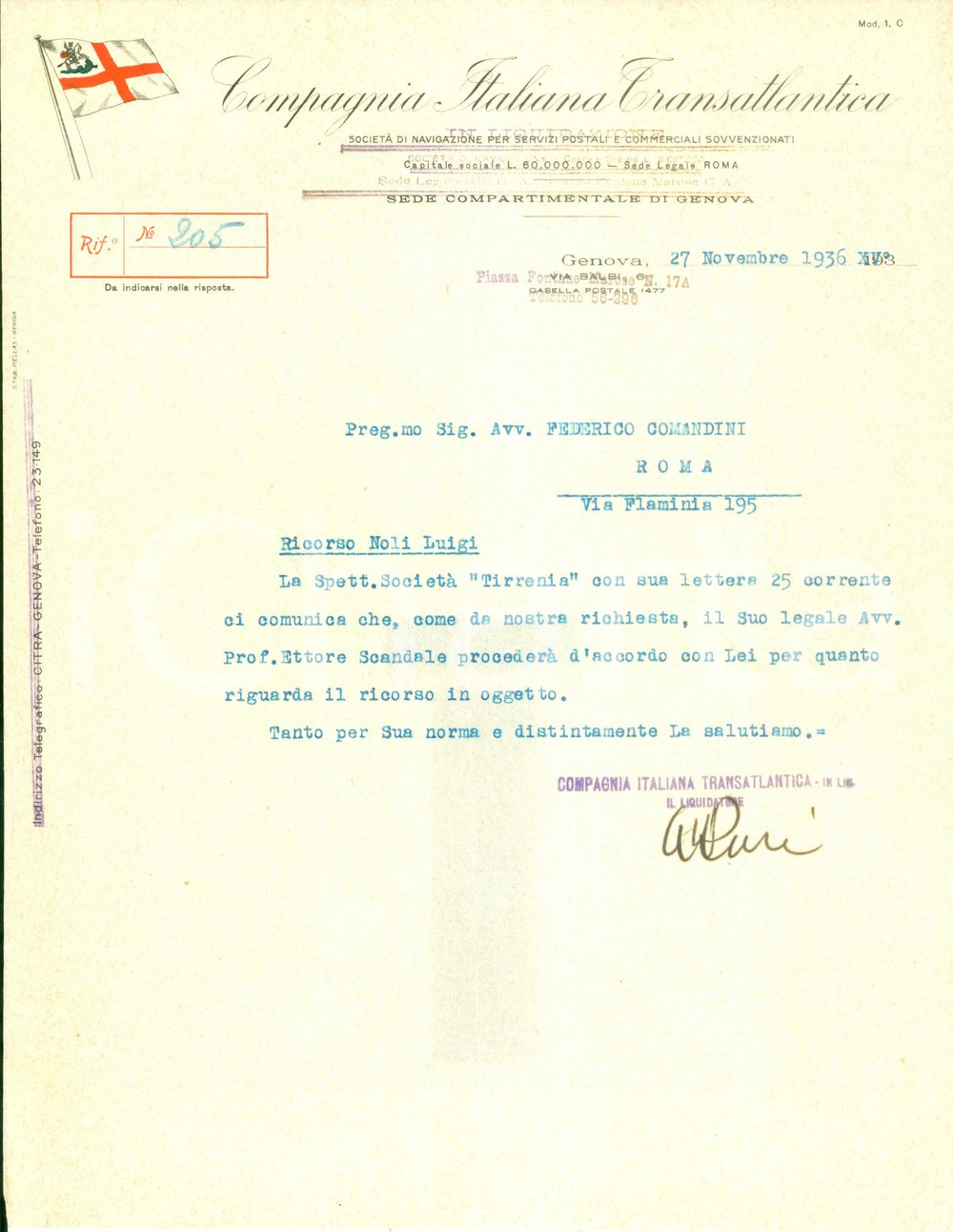 Documento originale, autentico 1936 GENOVA Compagnia Italiana Transatlantica *Lettera commerciale intestata 1
