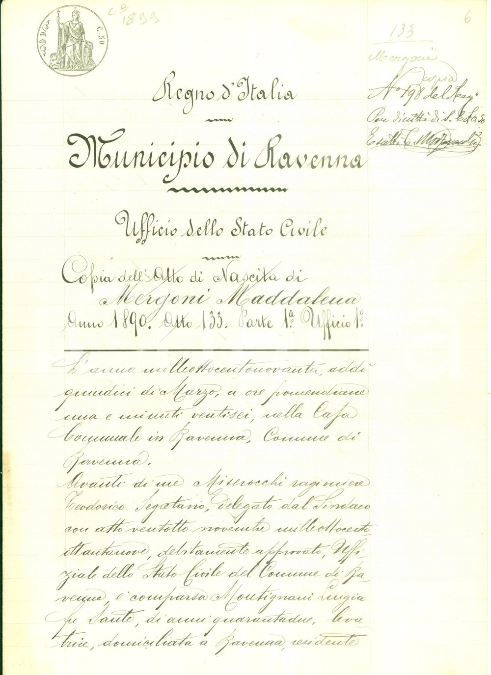 Documento originale, autentico 1890 RAVENNA Certificato di nascita di Maddalena MERGONI *Documento 1