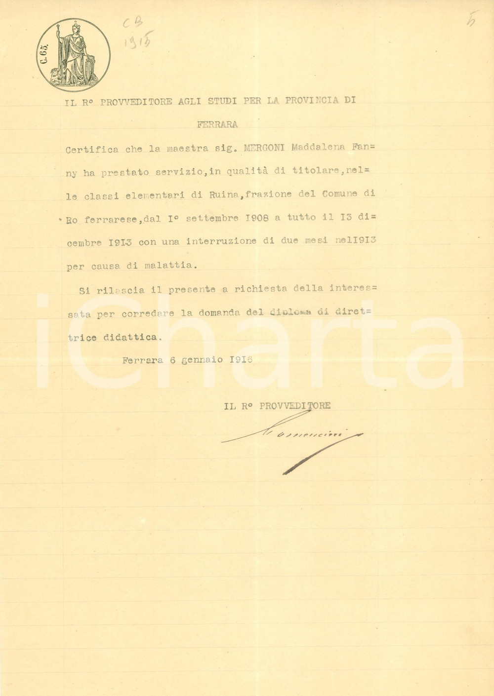 Documento originale, autentico 1916 RO (FE) Maestra Maddalena MERGONI insegna alle elementari a RUINA 1