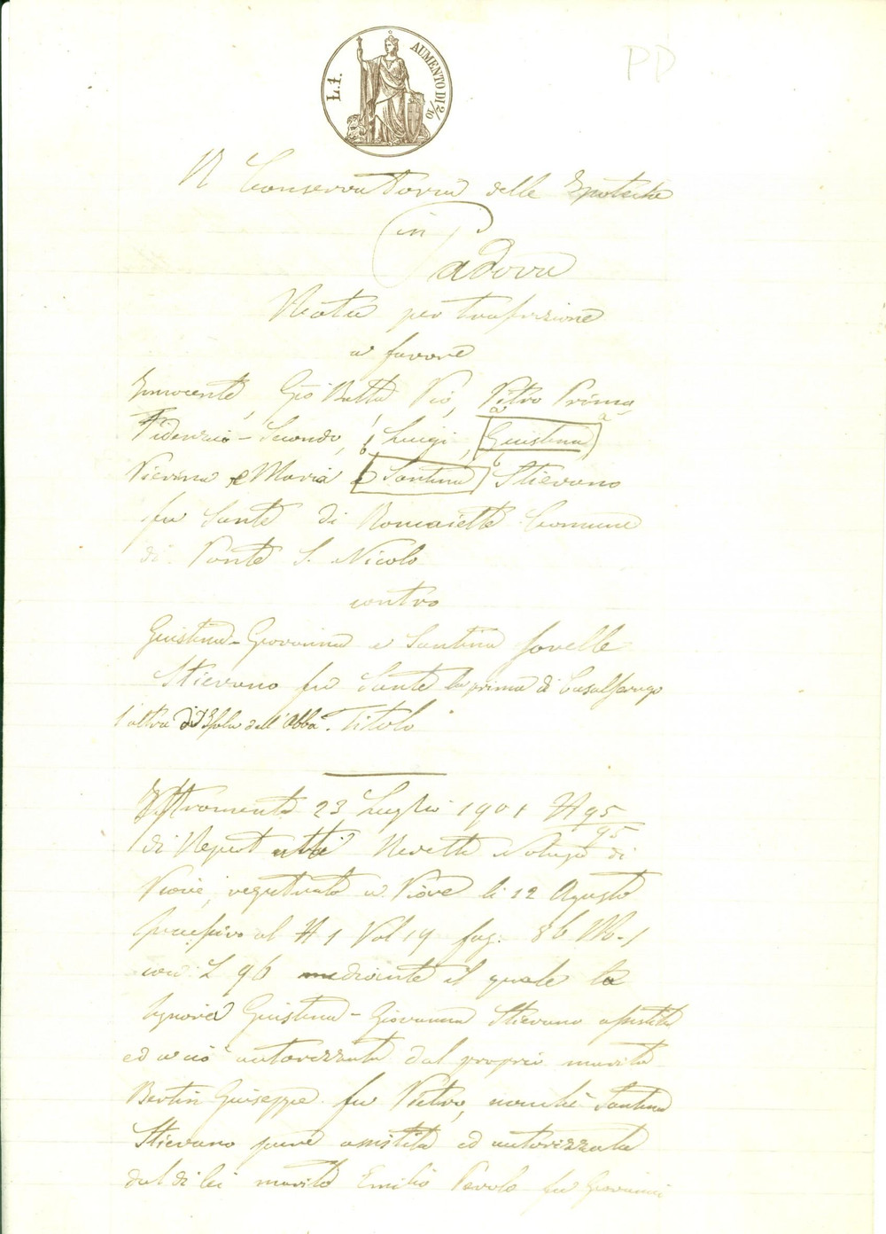 Documento originale, autentico 1901 PADOVA Giustina e Santina STIEVANO rinunciano all'ereditÃ  del padre Sante 1