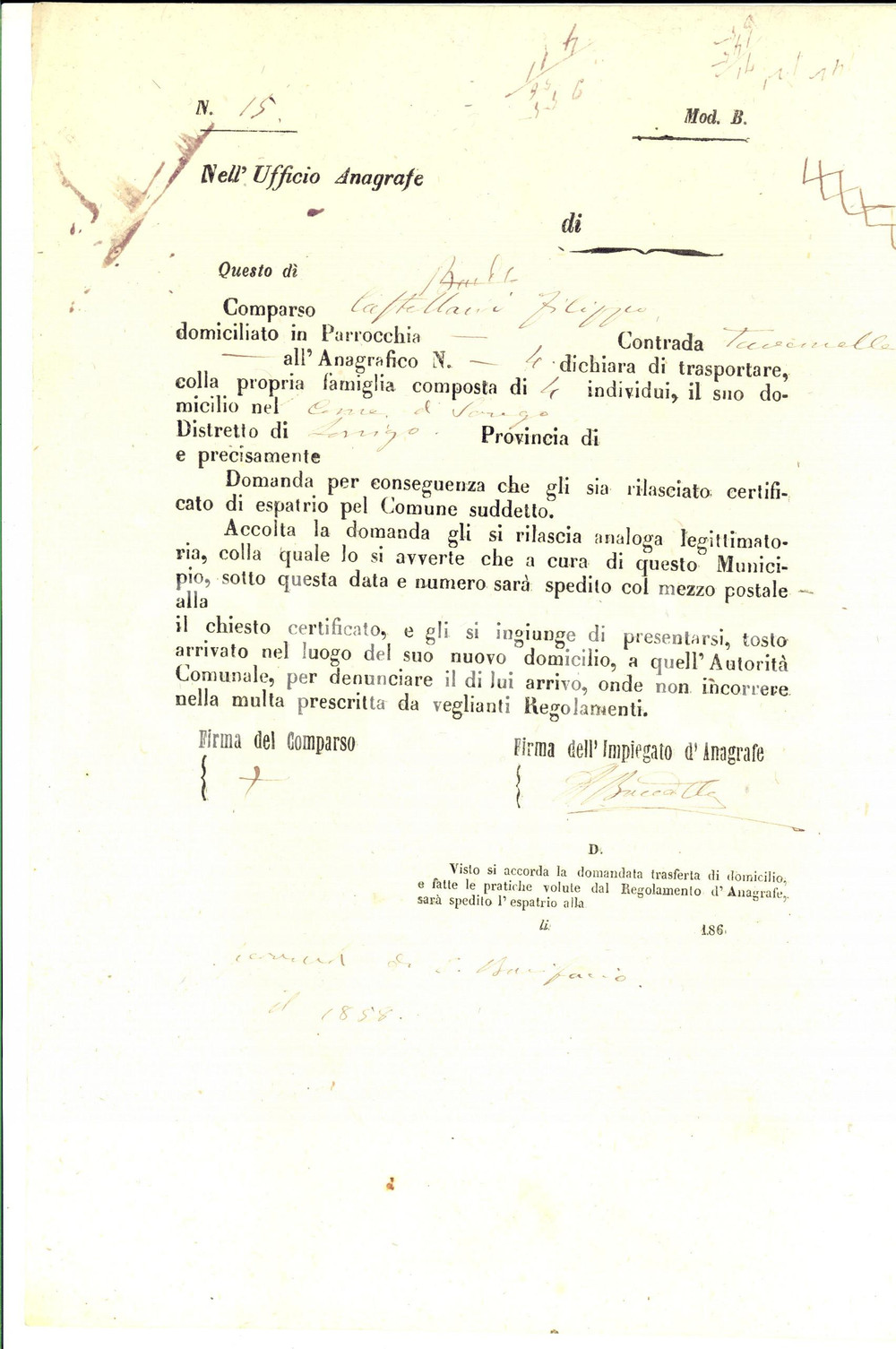 Documento originale, autentico 1860 ca SAREGO (VI) Domanda espatrio per Filippo CASTELLANI contrada TAVERNELLE 1