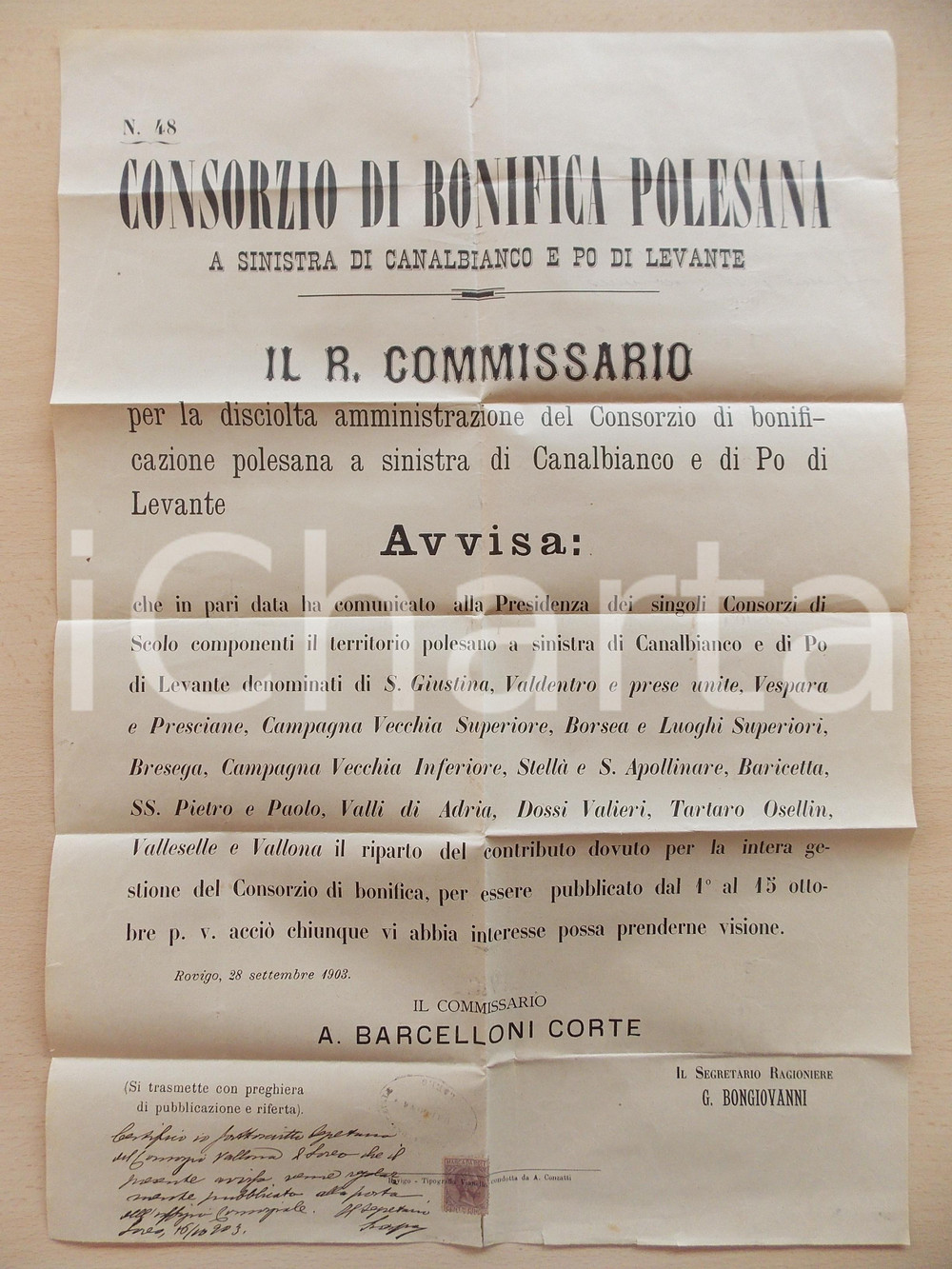 Documento originale, autentico 1903 ROVIGO Divisione contributo per gestione Consorzio BONIFICA POLESANA 1