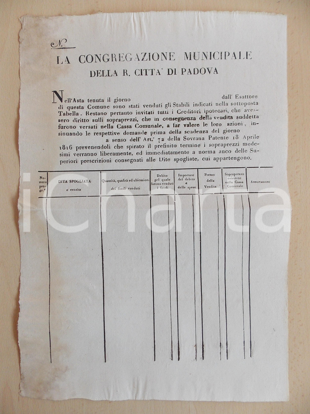 Documento originale, autentico 1816 PADOVA Asta immobili Congregazione Municipale *Bando non compilato 1
