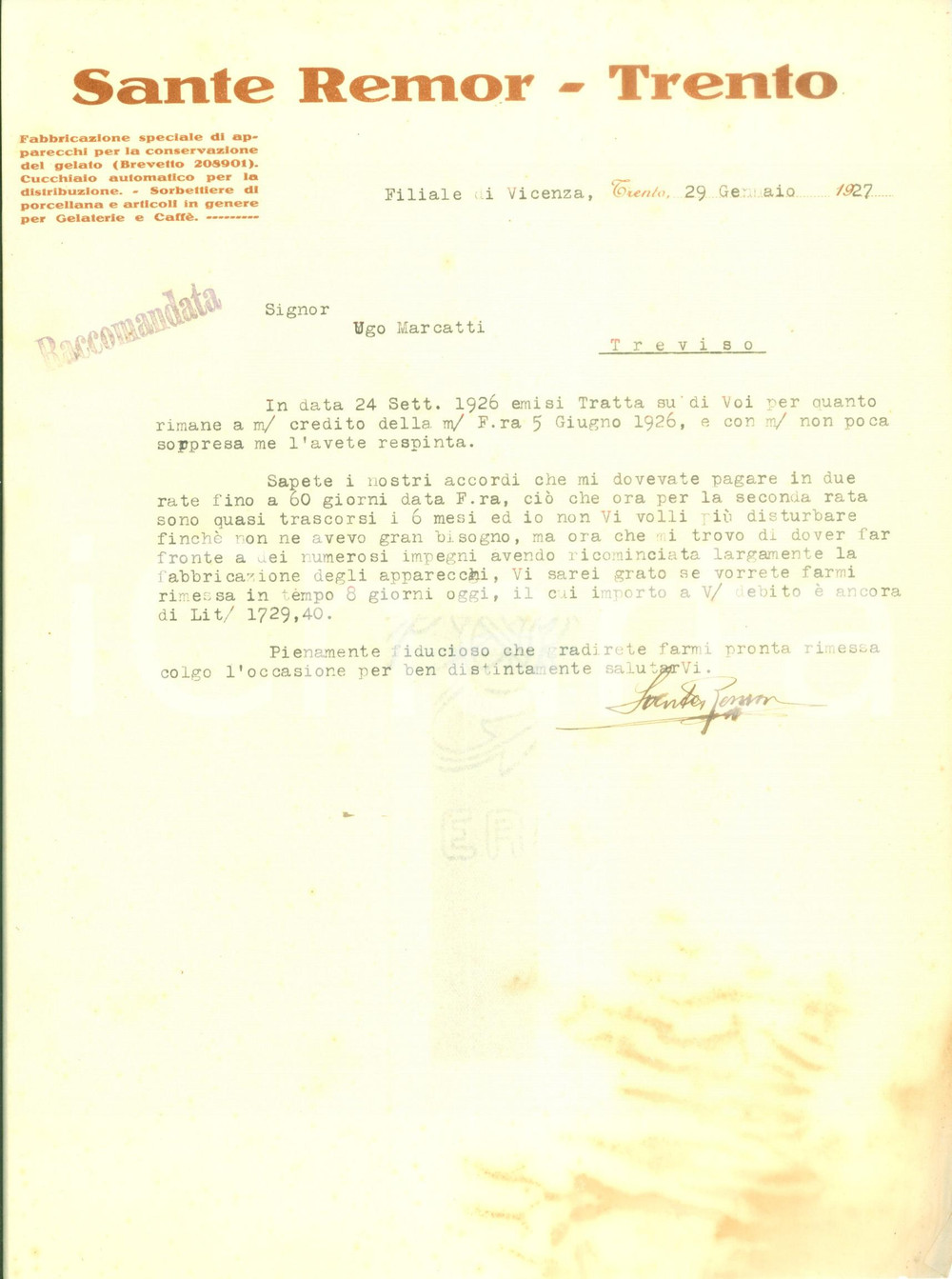 Documento originale, autentico 1927 TRENTO Apparecchi per conservazione gelato Sante REMOR Lettera DANNEGGIATA 1