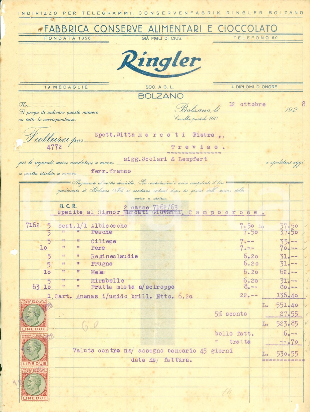 Documento originale, autentico 1928 BOLZANO Fabbrica conserve alimentari e cioccolato RINGLER Fattura 1