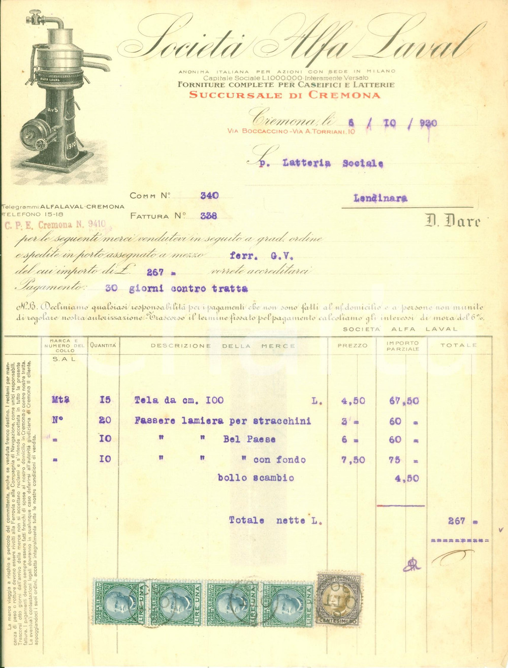 Documento originale, autentico 1930 CREMONA Società Alfa LAVAL Caseifici e Latterie Fattura dattiloscritta 1