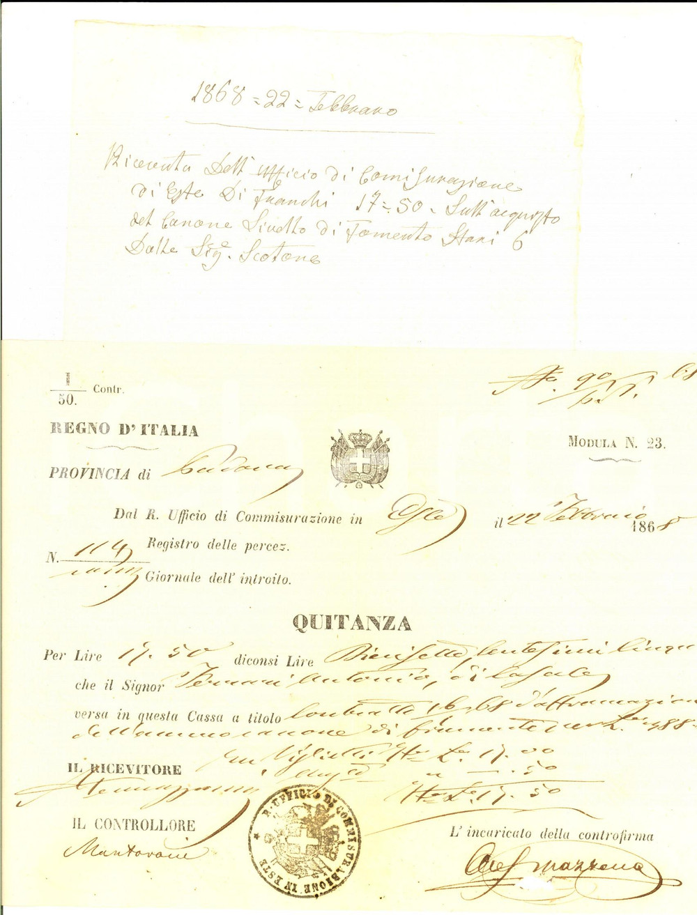 Documento originale, autentico 1868 CASALE DI SCODOSIA (PD) Quietanza ad Antonio FERRARI per canone frumento 1