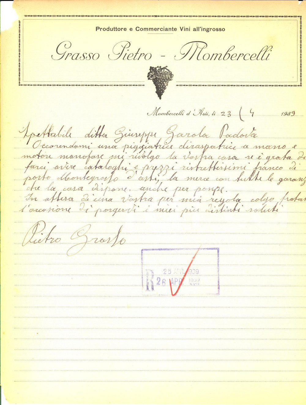 Materiale pubblicitario d’epoca 1939 MOMBERCELLI D'ASTI Casa vinicola PIETRO GRASSO richiede pigiatrice *Lettera 1