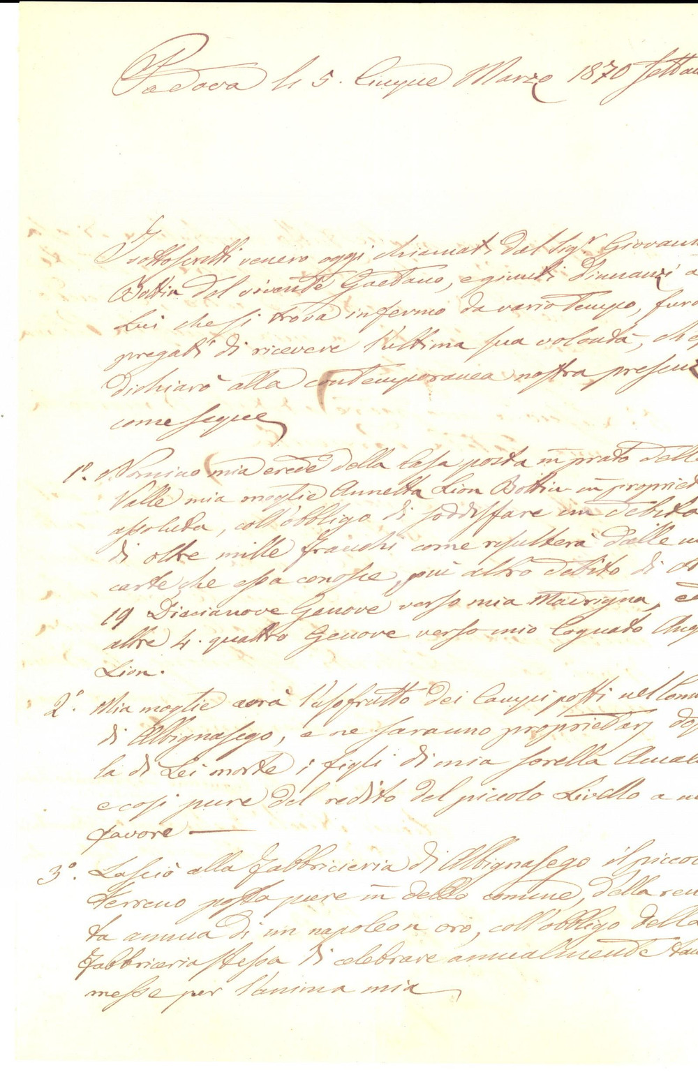 Documento originale, autentico 1870 ALBIGNASEGO (PD) Testamento Giovanni BOTTIN pro moglie Annetta LION 1