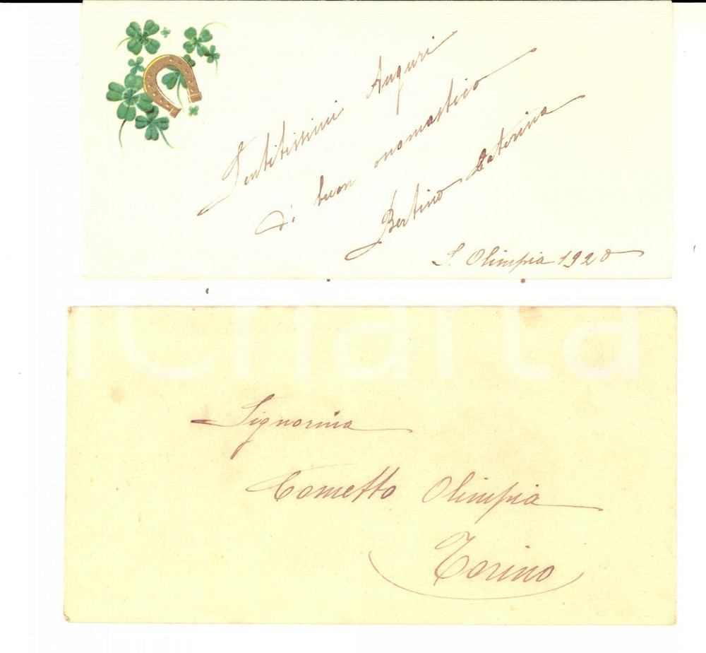 Oggetto da collezione cartaceo 1920 TORINO Biglietto onomastico a Delfina COMETTO *ILLUSTRATO ferro di cavallo 1