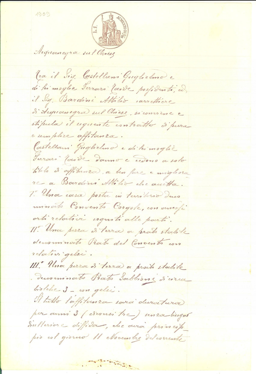 Documento originale, autentico 1909 ACQUANEGRA SUL CHIESE Affitto Guglielmo CASTELLANI ad Attilio BARDINI 1