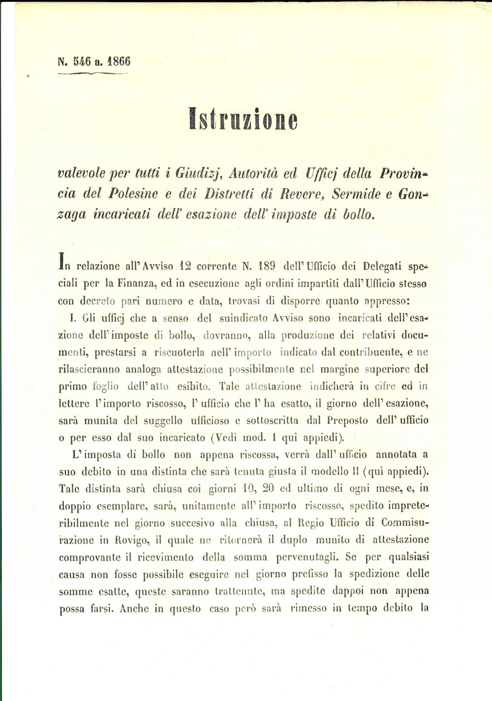 Documento originale, autentico 1866 ROVIGO Istruzione per gli uffici del POLESINE incaricati del bollo 1