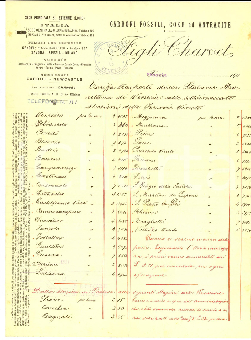 Documento originale, autentico 1903 VENEZIA Figli CHARVET carboni fossili Tariffa trasporti Stazione Marittima 1