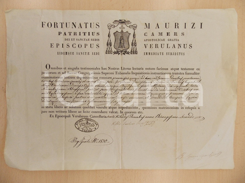 Documento originale, autentico 1830 VERONA Certificato battesimo e cresima per Giuseppe GRECO 38x26 cm 1