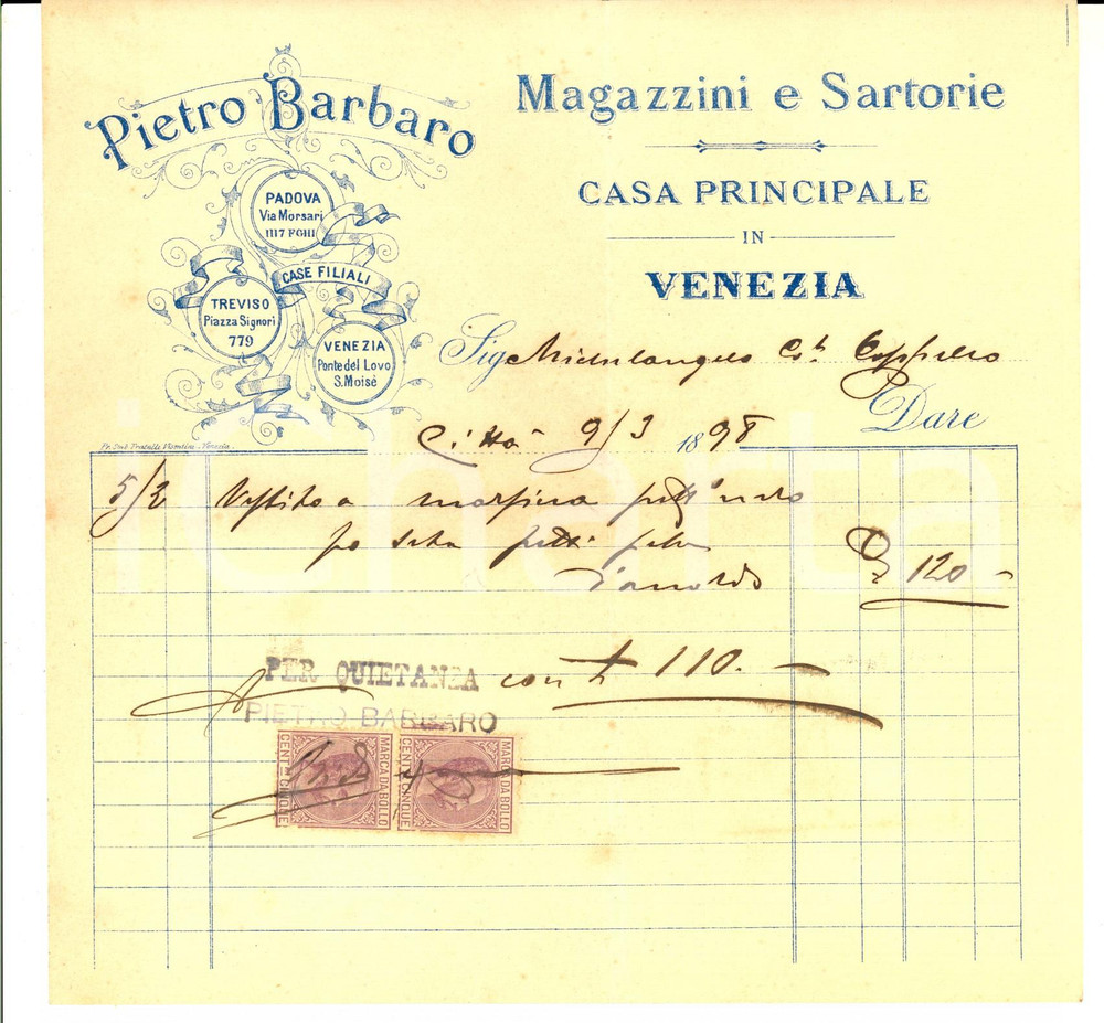 Documento originale, autentico 1898 VENEZIA Pietro BARBARO magazzini e sartorie Fattura per vestito a marsina 1