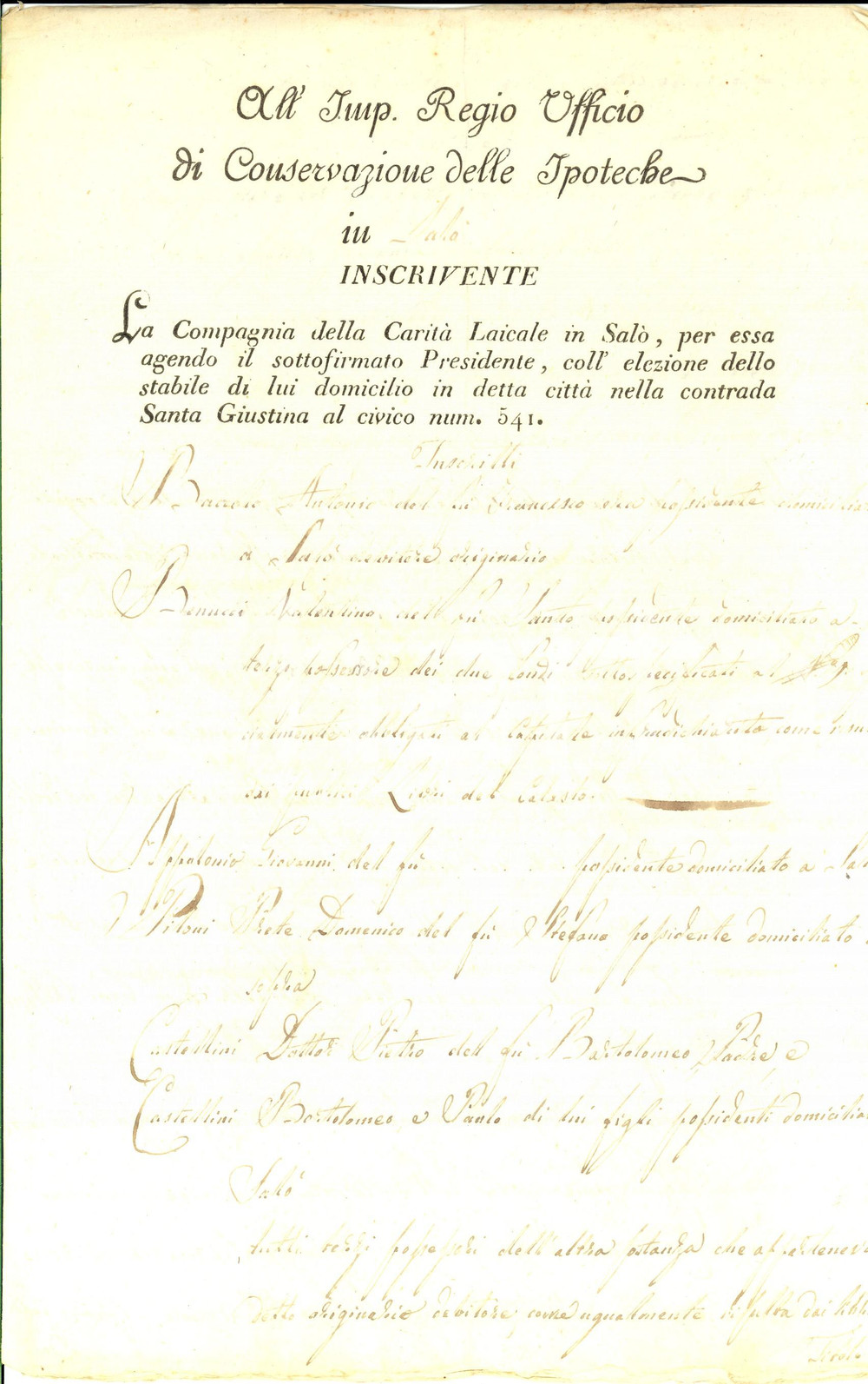 Documento originale, autentico 1827 SALO' (BS) Livello su casa e terre pro Compagnia della CaritÃ  Laicale 1