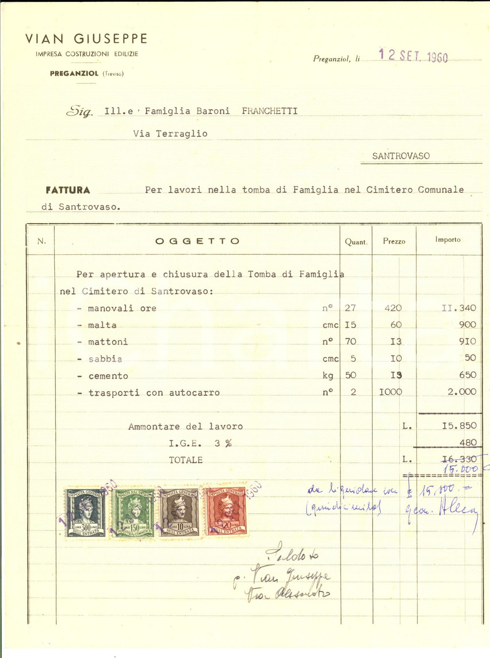 Documento originale, autentico 1960 PREGANZIOL TV Giuseppe VIAN Costruzioni edilizie Fattura tomba familiare 1