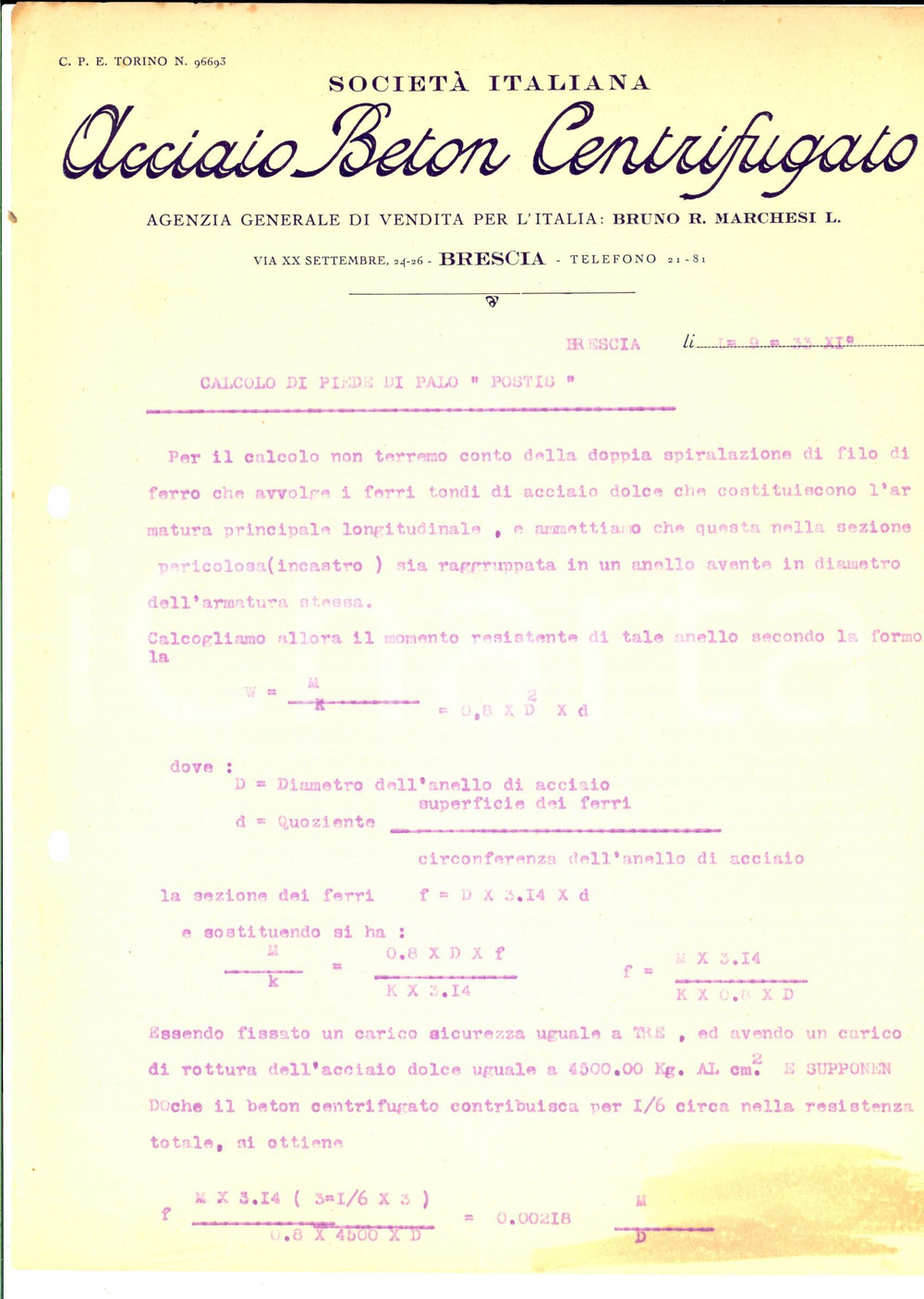 Documento originale, autentico 1933 BRESCIA SocietÃ  ACCIAIO BETON CENTRIFUGATO Calcolo piede di palo 1