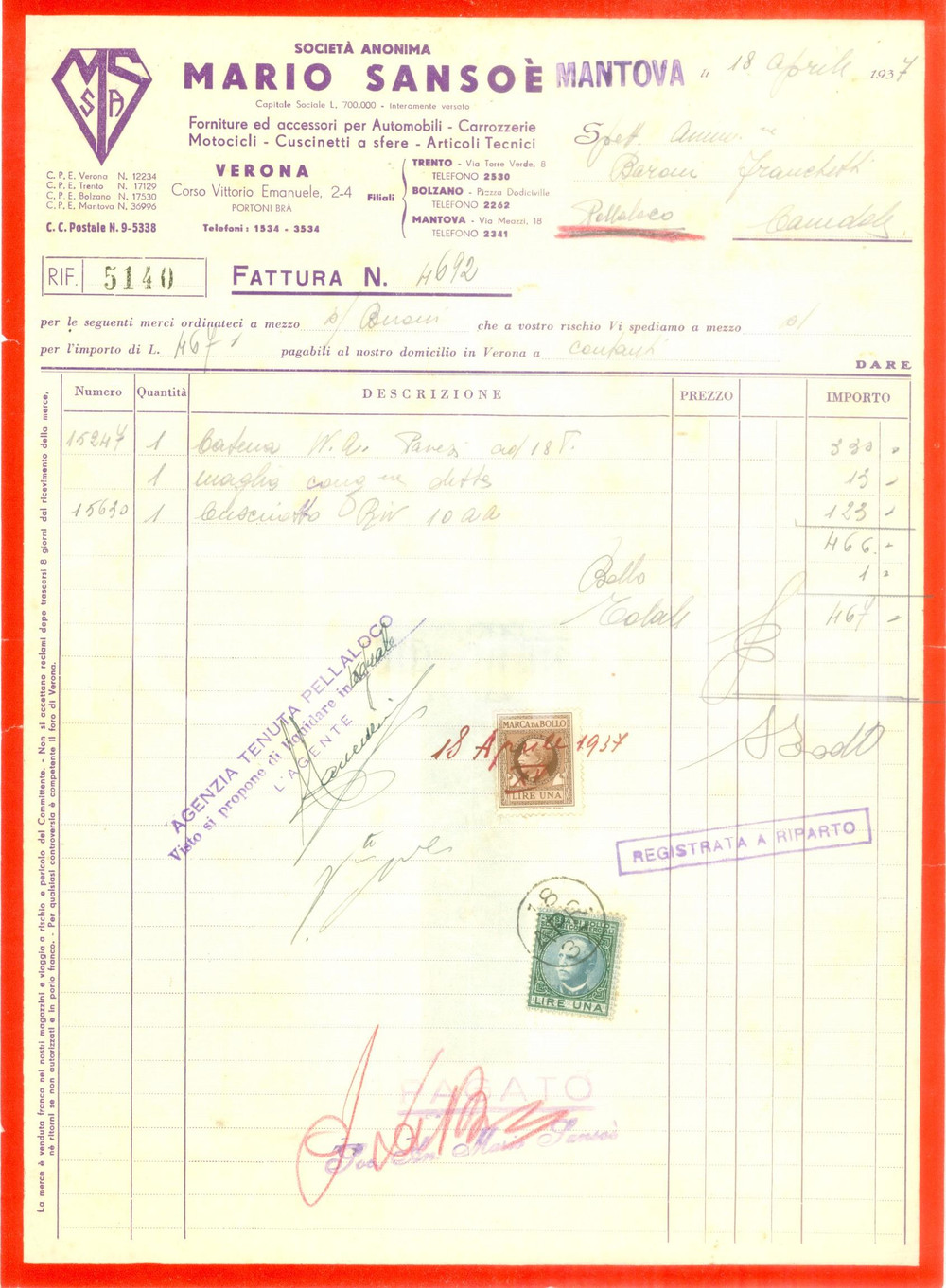 Documento originale, autentico 1937 MANTOVA Mario SANSOE  Forniture automobili Fattura commerciale 1