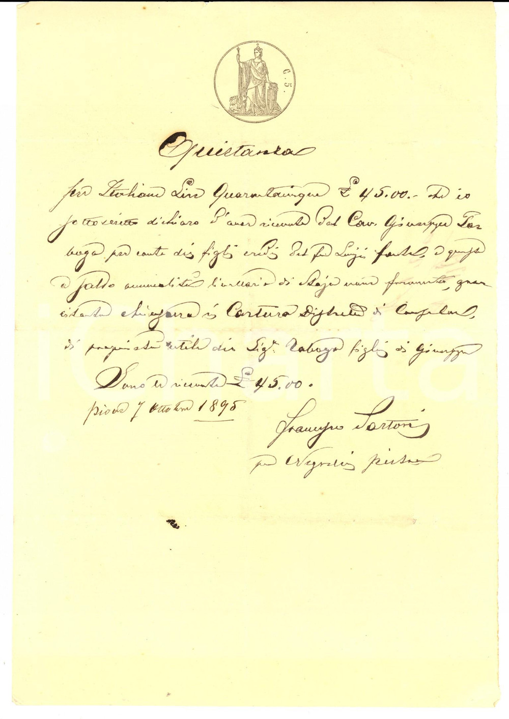 Documento originale, autentico 1895 PIOVE DI SACCO (PD) Quietanza a Giuseppe TABOGA per staia frumento 1