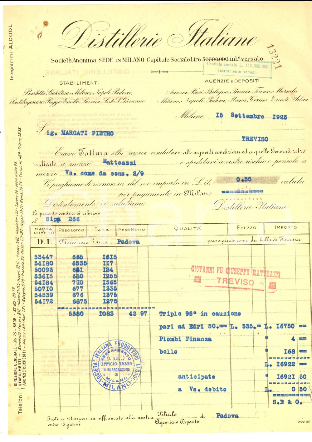 Documento originale, autentico 1925 MILANO Distillerie italiane *Fattura su carta intestata 1