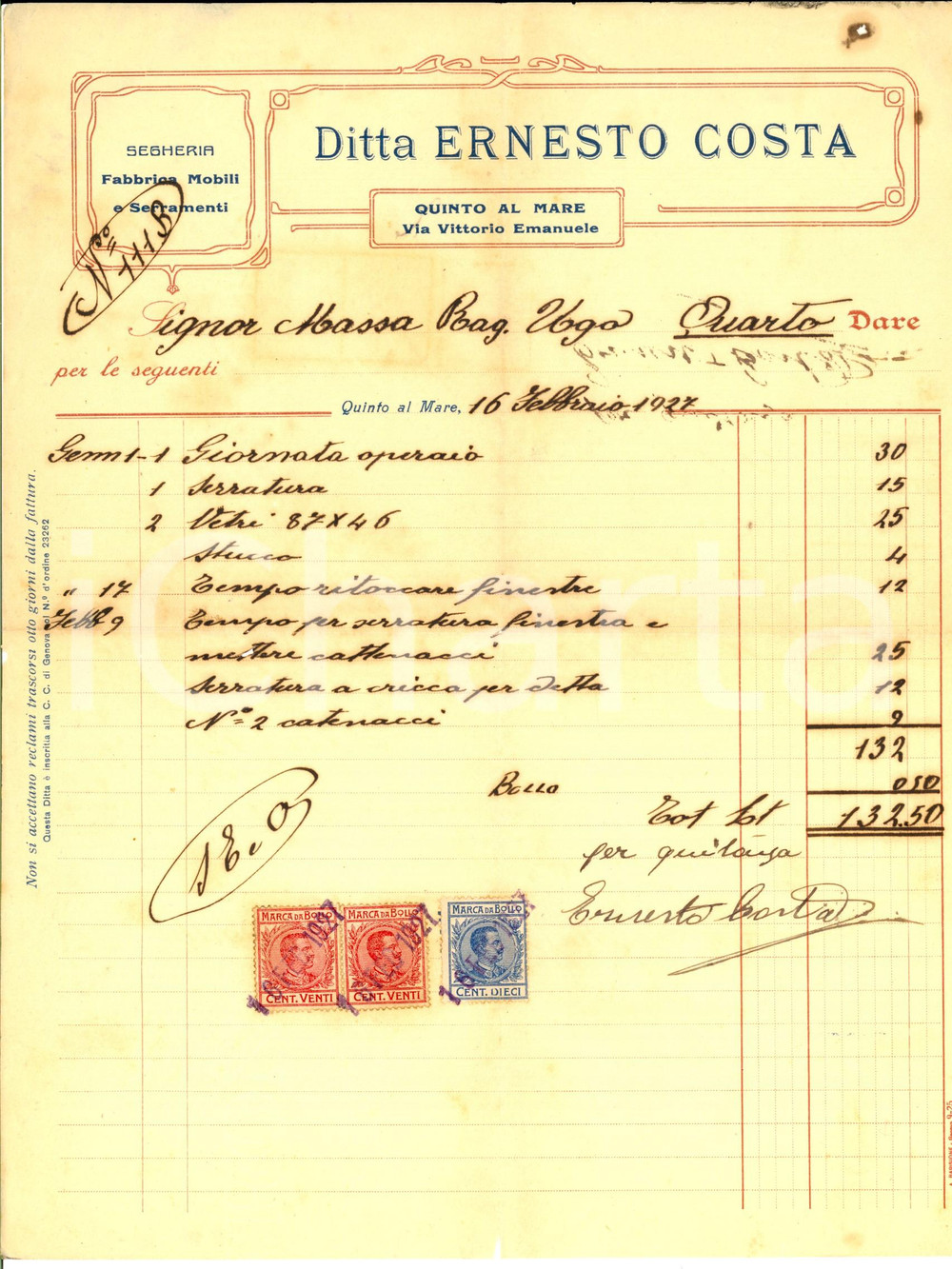 Documento originale, autentico 1927 GENOVA QUINTO AL MARE Ditta Ernesto COSTA segheria *Fattura commerciale 1