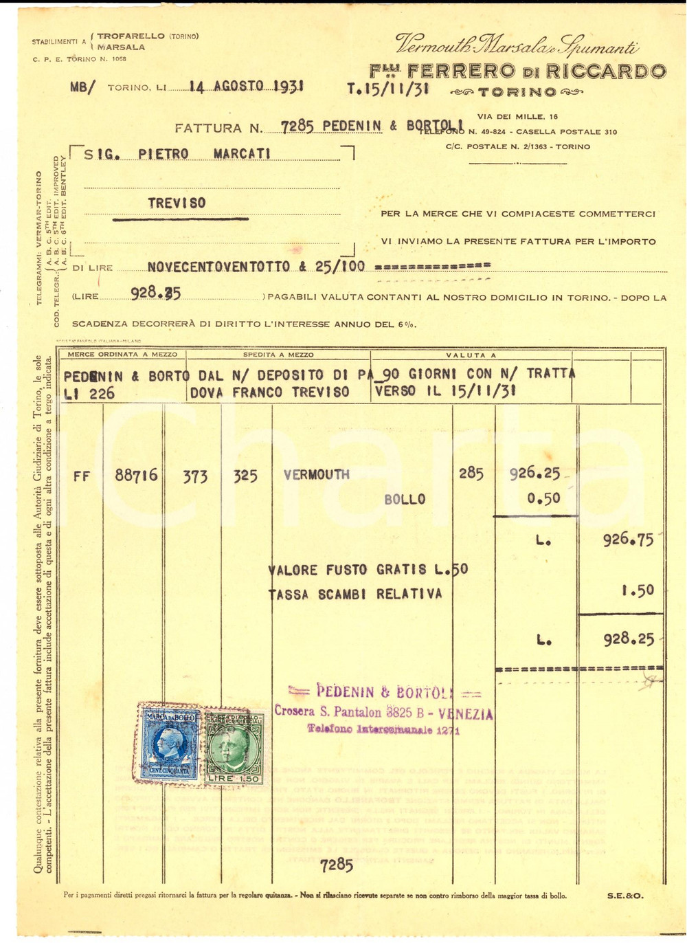 Documento originale, autentico 1931 TORINO Ditta F.lli FERRERO di Riccardo - Vermouth *Fattura commerciale 1