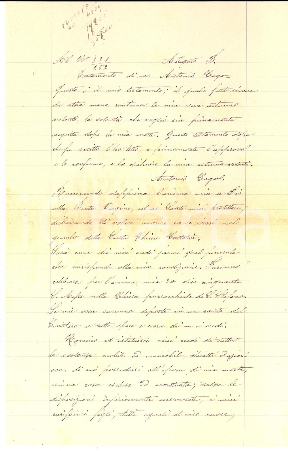 Documento originale, autentico 1885 VICENZA Testamento di Antonio COGO con clausola per figlio ingegnere 1