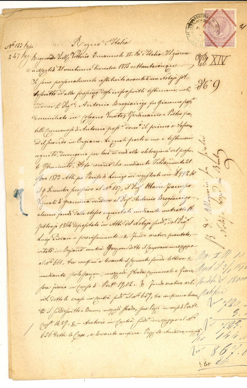 Documento originale, autentico 1875 ORGIANO (VI) Vendita di fondi agricoli ad Antonio BROGIANIGO *Manoscritto 1