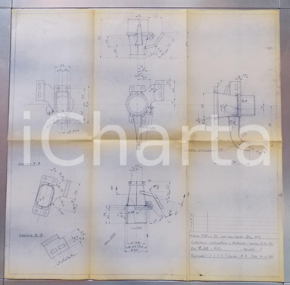 Stampa, bozzetto originale 1961 NAUTICA Motore 250 cc. fuoribordo  Collettore carburatore Disegno 60x55 1