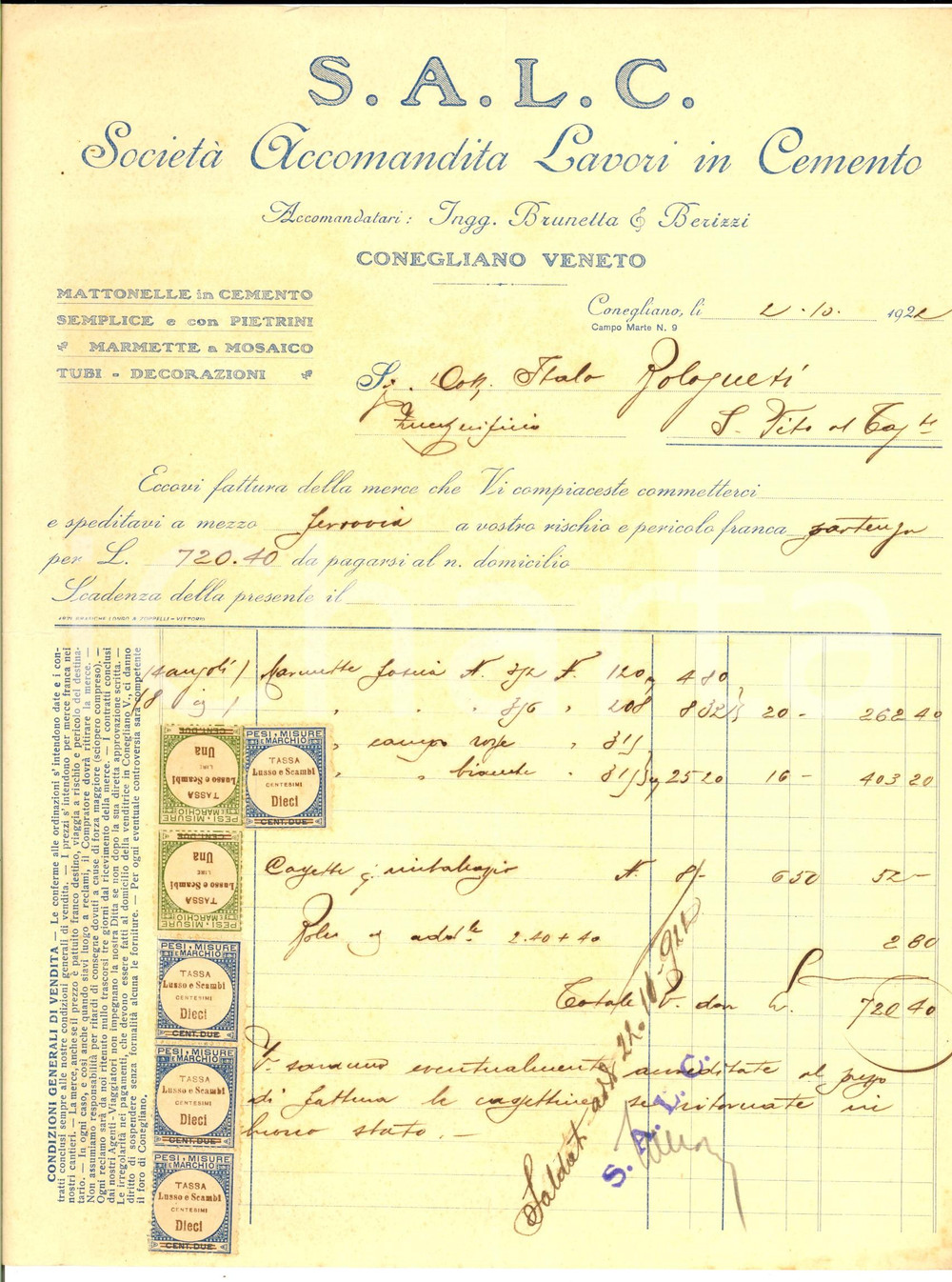 Documento originale, autentico 1922 CONEGLIANO TV SALC Società Accomandita Lavori in Cemento Fattura 1