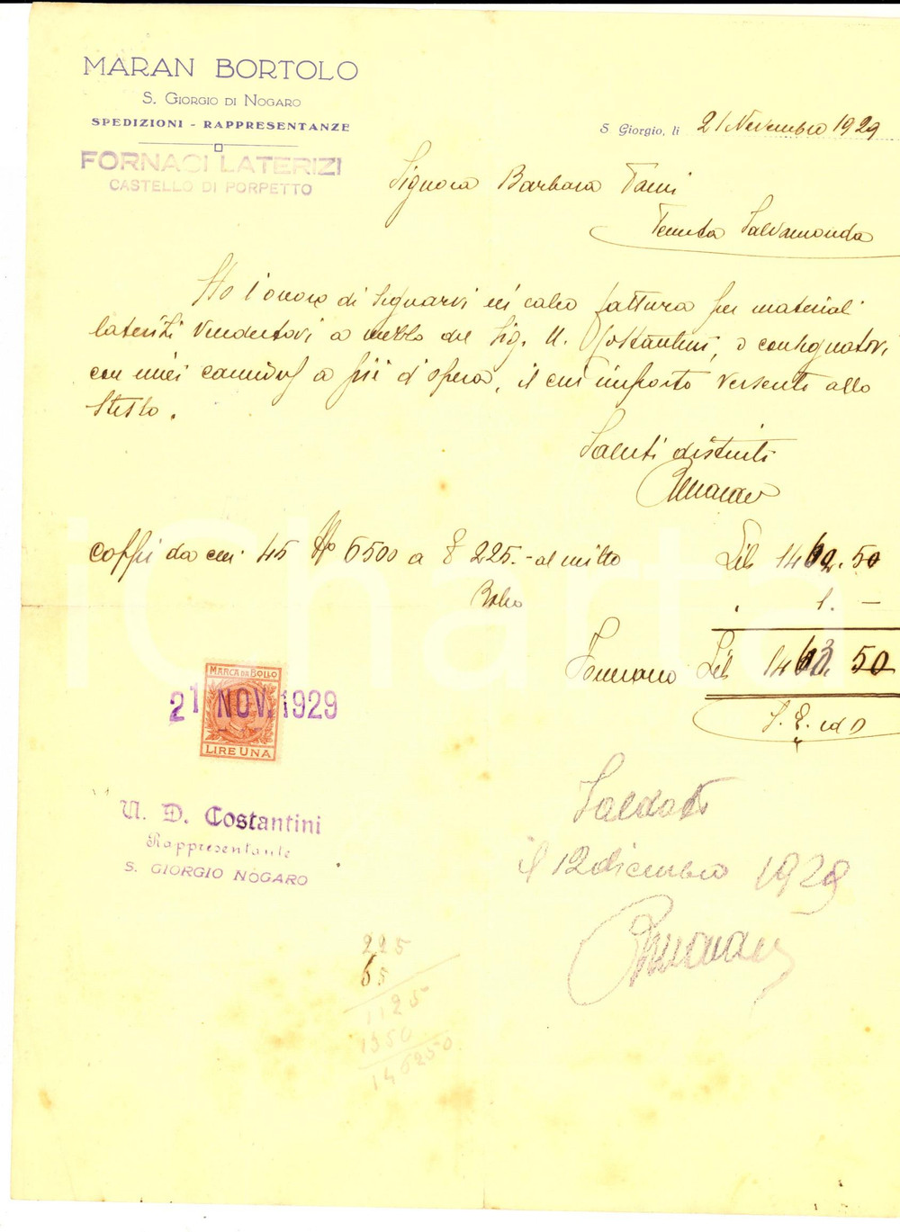 Documento originale, autentico 1926 SAN GIORGIO DI NOGARO UD Bortolo MARAN  Fattura per materiali laterizi 1
