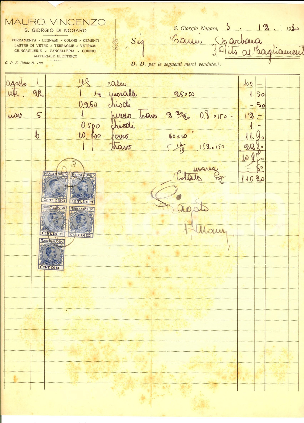 Documento originale, autentico 1930 SAN GIORGIO DI NOGARO UD Vincenzo MAURO  Fattura per ferramenta 1
