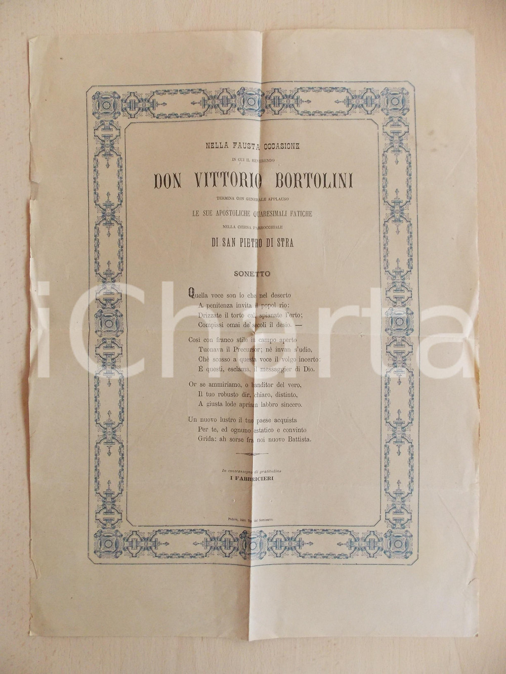 Documento originale, autentico 1889 SAN PIETRO DI STRA VE Sonetto a don Vittorio BORTOLINI Manifesto 35x45 1