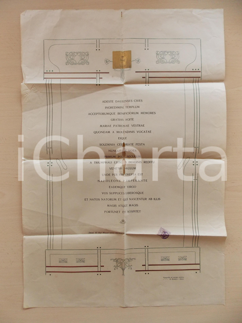 Documento originale, autentico 1914 DOLO VE Epigrafe per la statua della MADONNA DEI MOLINI Manifesto 42x60 1